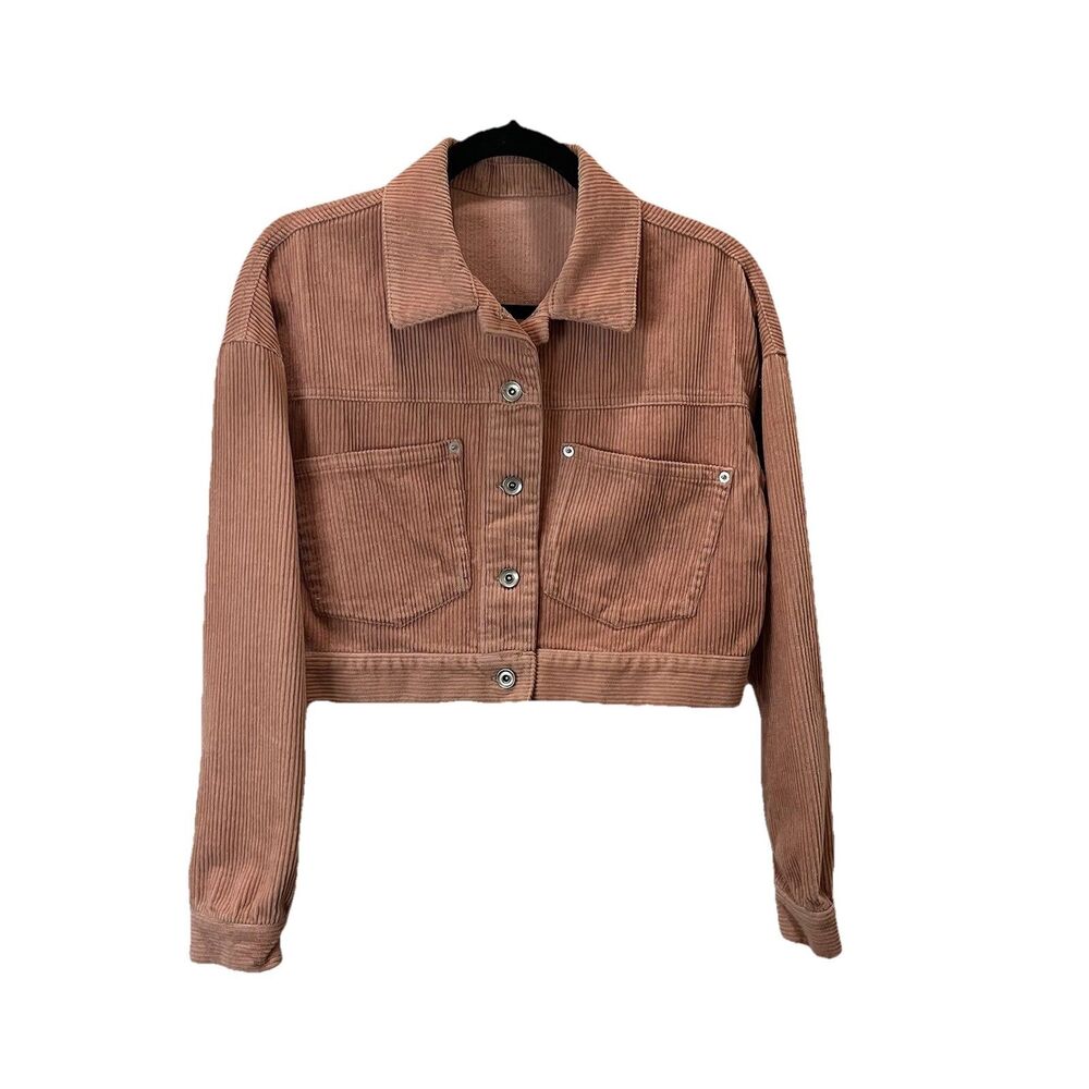 Womens Light Dusty Pink Ribbed Corduroy Crop Button Up Jacket Shirt Size M/L